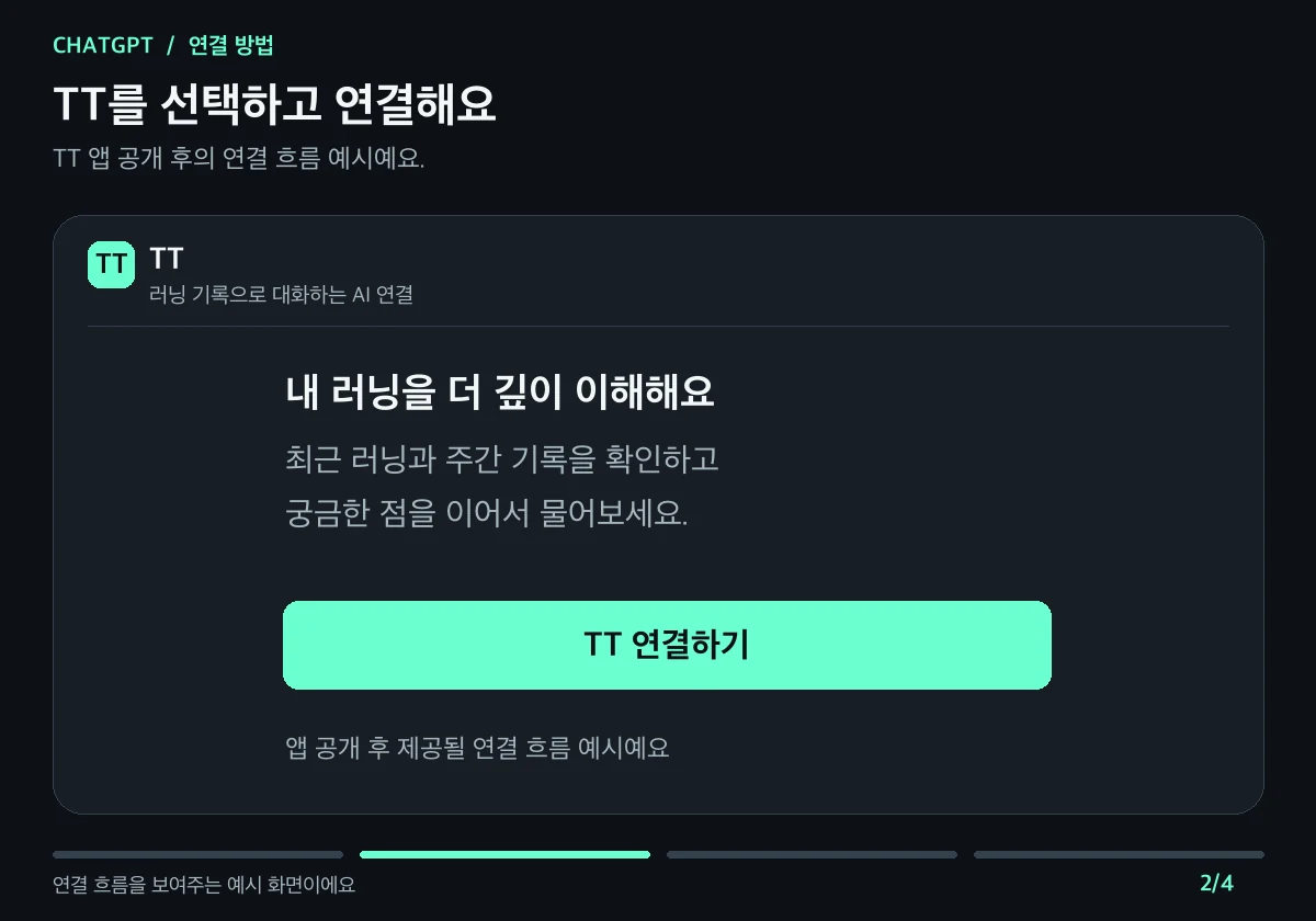 공개 후 예상 흐름: ChatGPT 앱에서 TT 검색 후 연결하고 TT 앱에서 승인해 대화를 시작해요