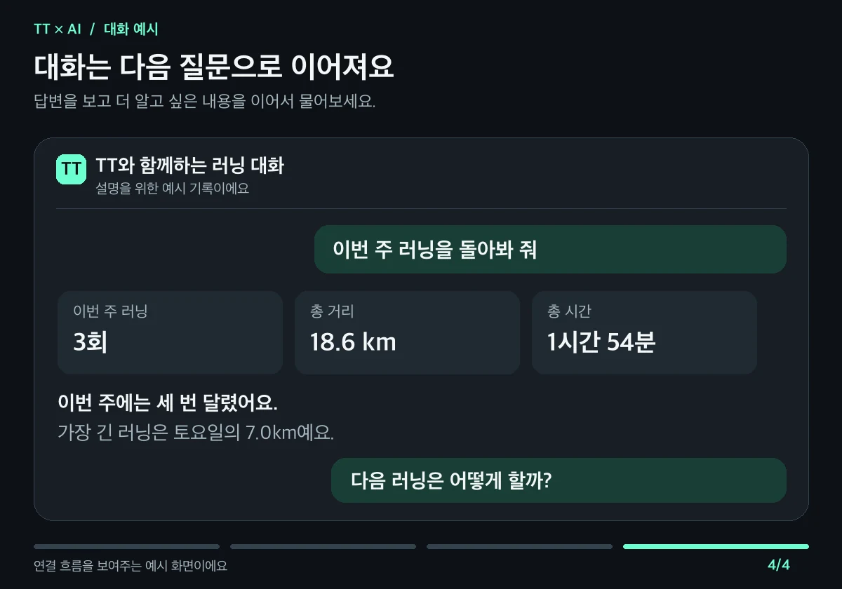 TT의 예시 러닝 기록을 불러와 이번 주 훈련을 돌아보고 다음 러닝을 질문하는 대화